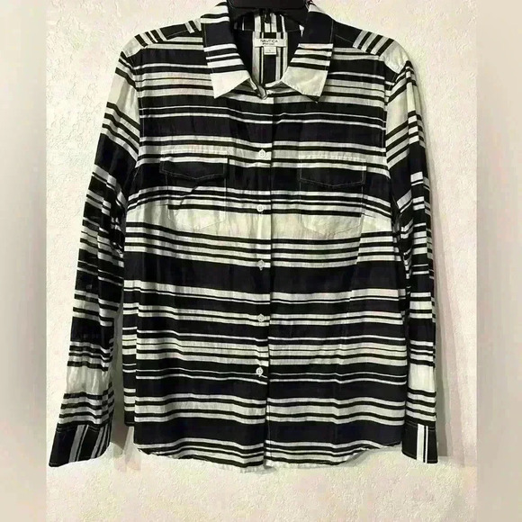 Nautica Women Black And White Long Sleeve Button-Down Shirt Large - Picture 1 of 8